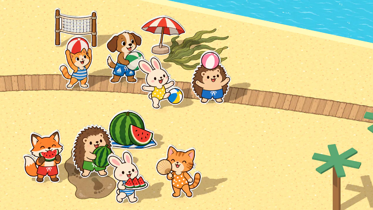 砂浜で動物たちがボール遊びをしたり、スイカを食べたりしている、うみべのいちにちの絵
