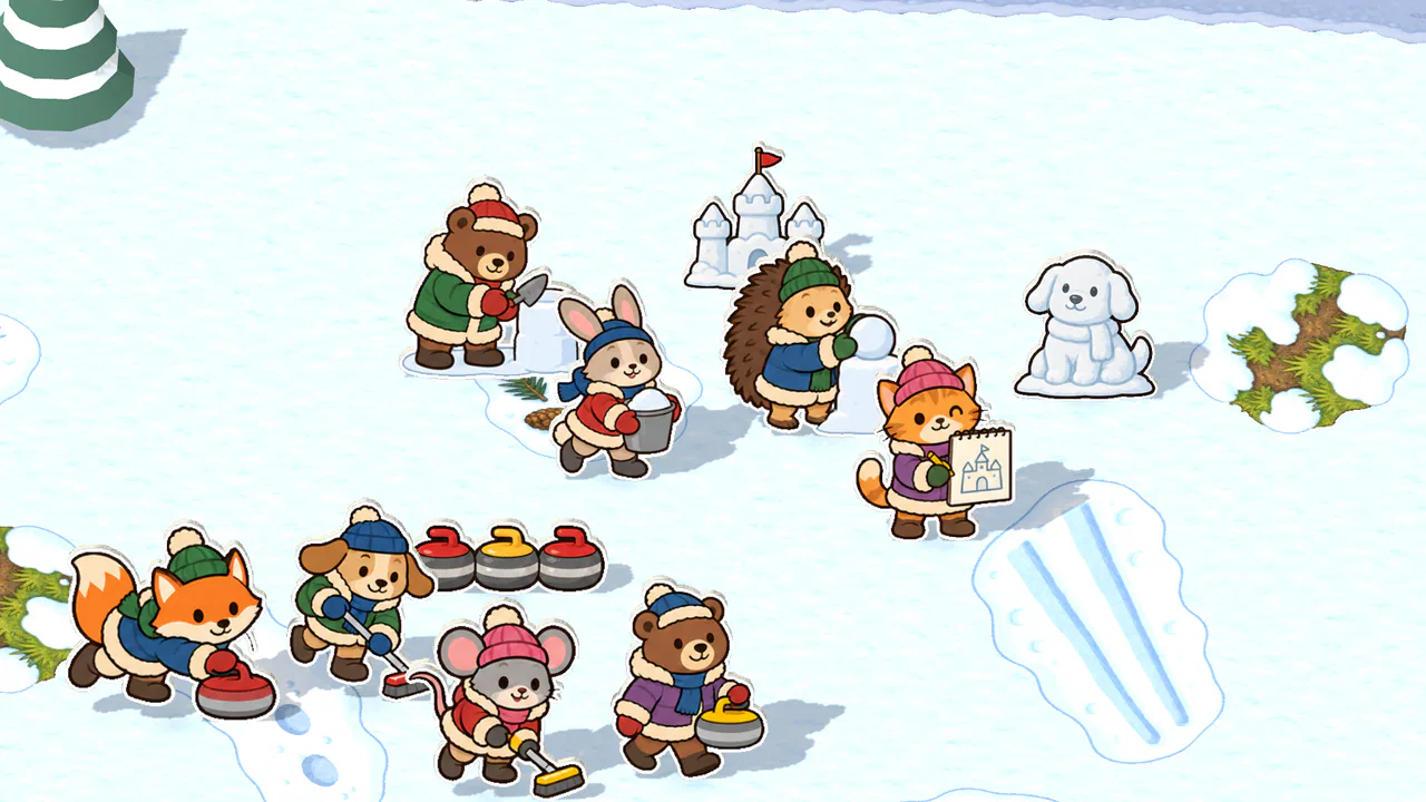 雪の広場で動物たちがカーリングや雪遊びをしている、ゆきのあそびばの絵
